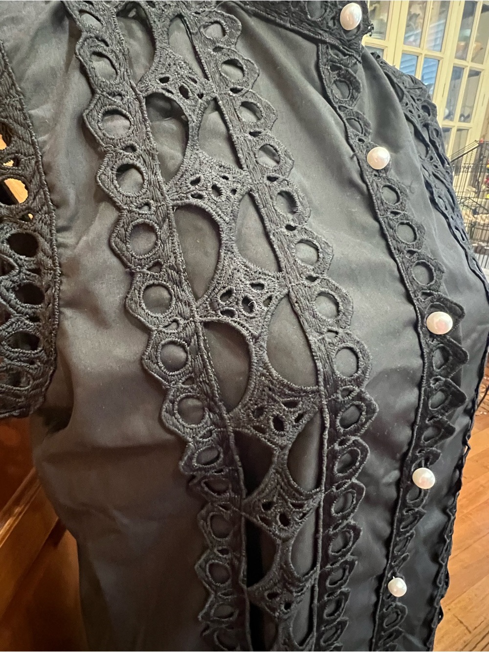 Black Lace-Trim Midi Shirt Dress with Waist Tie - Picture 5 of 14